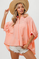 BiBi Coral & Blush Plaid Button Up Dolman Sleeve Shirt Blush Lt Coral Trendsi