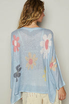 POL Baby Blue Flower Dropped Shoulder Long Sleeve Knit Top