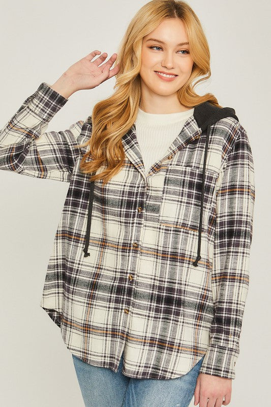 Plaid Flannel Button Up Shacket with Hood BLACK S