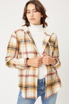 Plaid Flannel Button Up Shacket with Hood SAFFRON