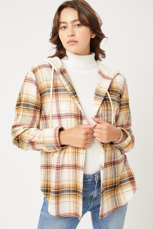 Plaid Flannel Button Up Shacket with Hood SAFFRON