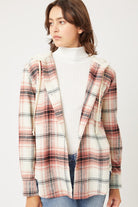 Plaid Flannel Button Up Shacket with Hood TERRA COTTA S