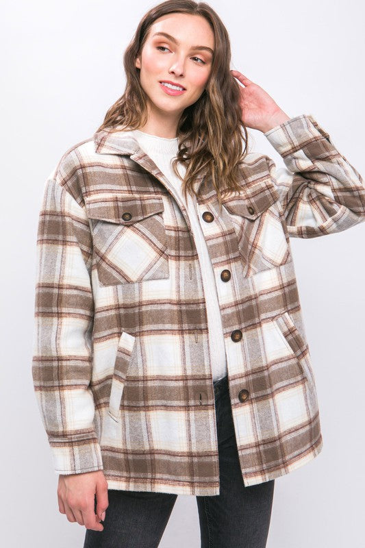 Love Tree Plaid Button Up Jacket with Sherpa Lining COCOA Love Tree