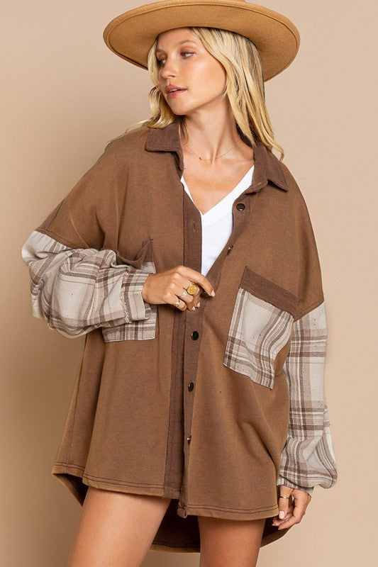 POL Long Sleeve With Plaid Detail Sleeve Shacket CHOCOLATE MOUSSE POL
