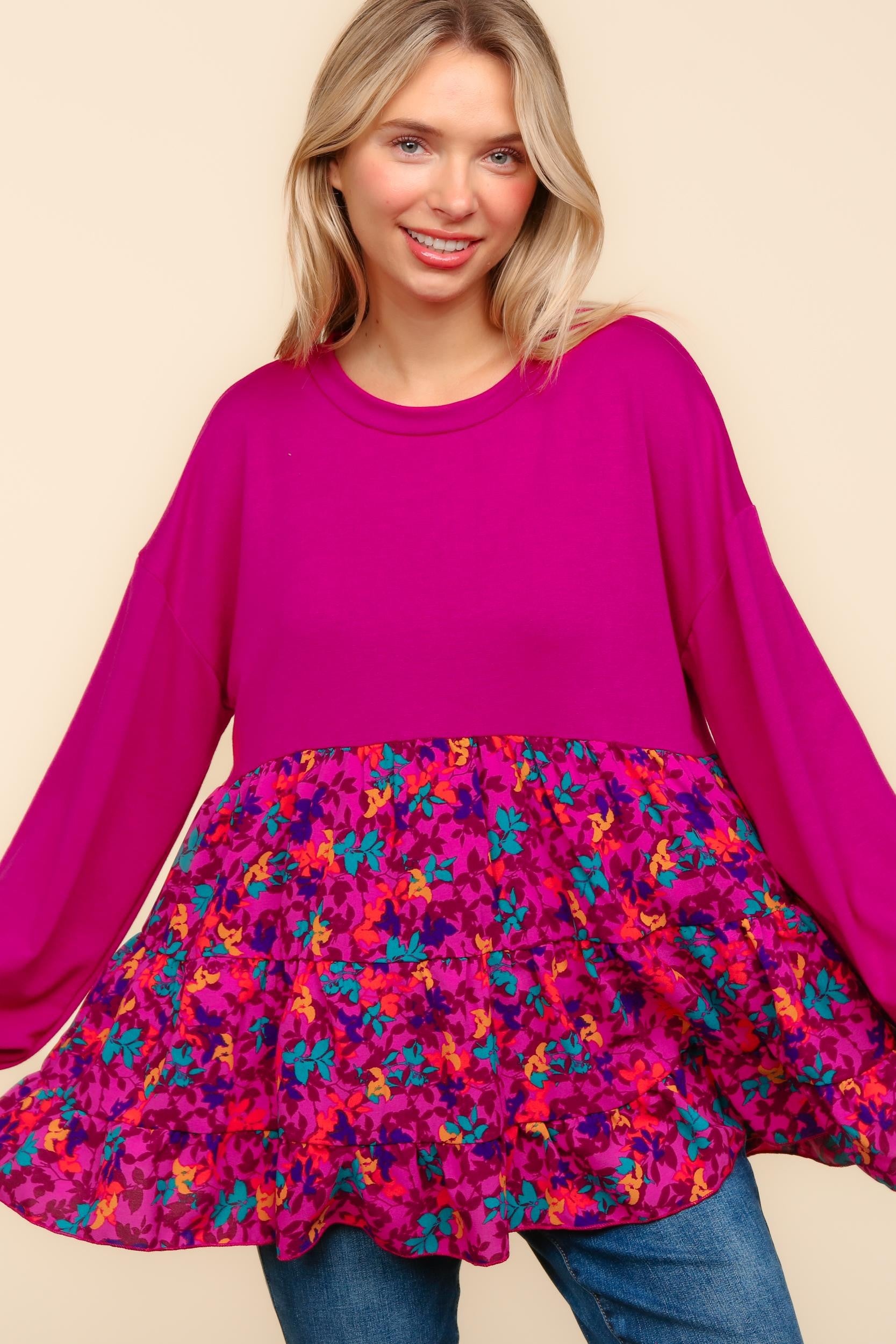 Haptics Berry Drop Shoulder Long Sleeve Babydoll Twofer Top