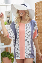 BiBi Peach Navy Leopard Stripe Printed French Terry Oversized Top
