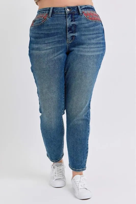Judy Blue High Waisted Plaid Patch Slim Fit Jeans