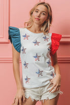 BiBi American Flag Sequin Stars Ruffled Sleeve Top OFF WHITE