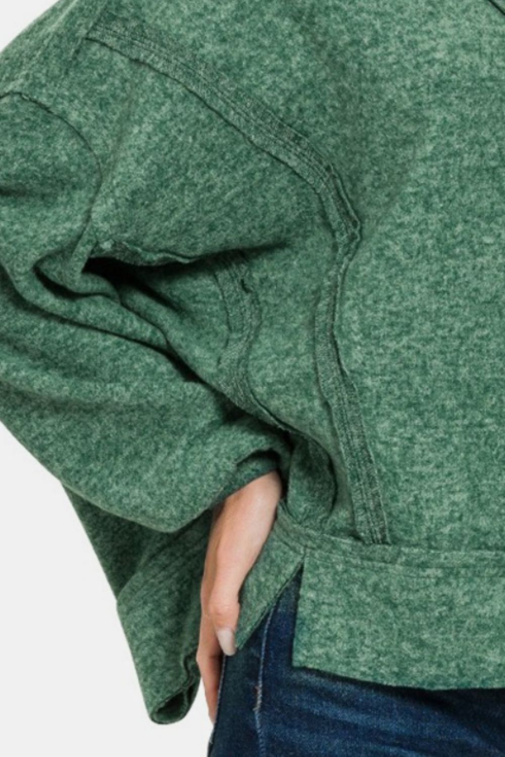 Zenana Dark Green Brushed Hacci Exposed Seam Hoodie Trendsi