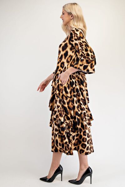 Celeste Leopard Asymmetrical Ruffle Midi Dress