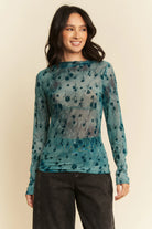 Davi & Dani Teal Floral Mesh Long Sleeve Sheer Layering Top