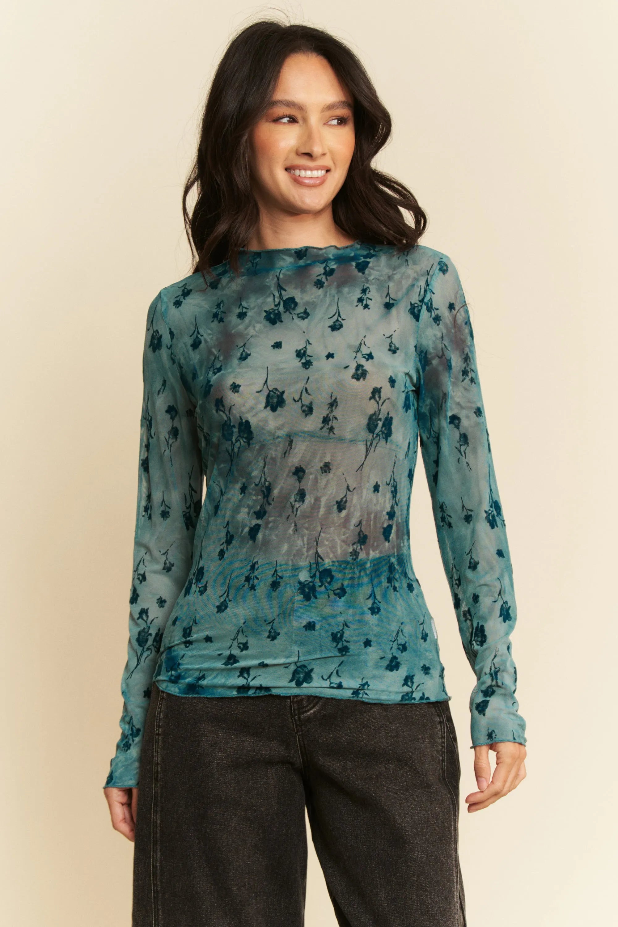 Davi & Dani Teal Floral Mesh Long Sleeve Sheer Layering Top
