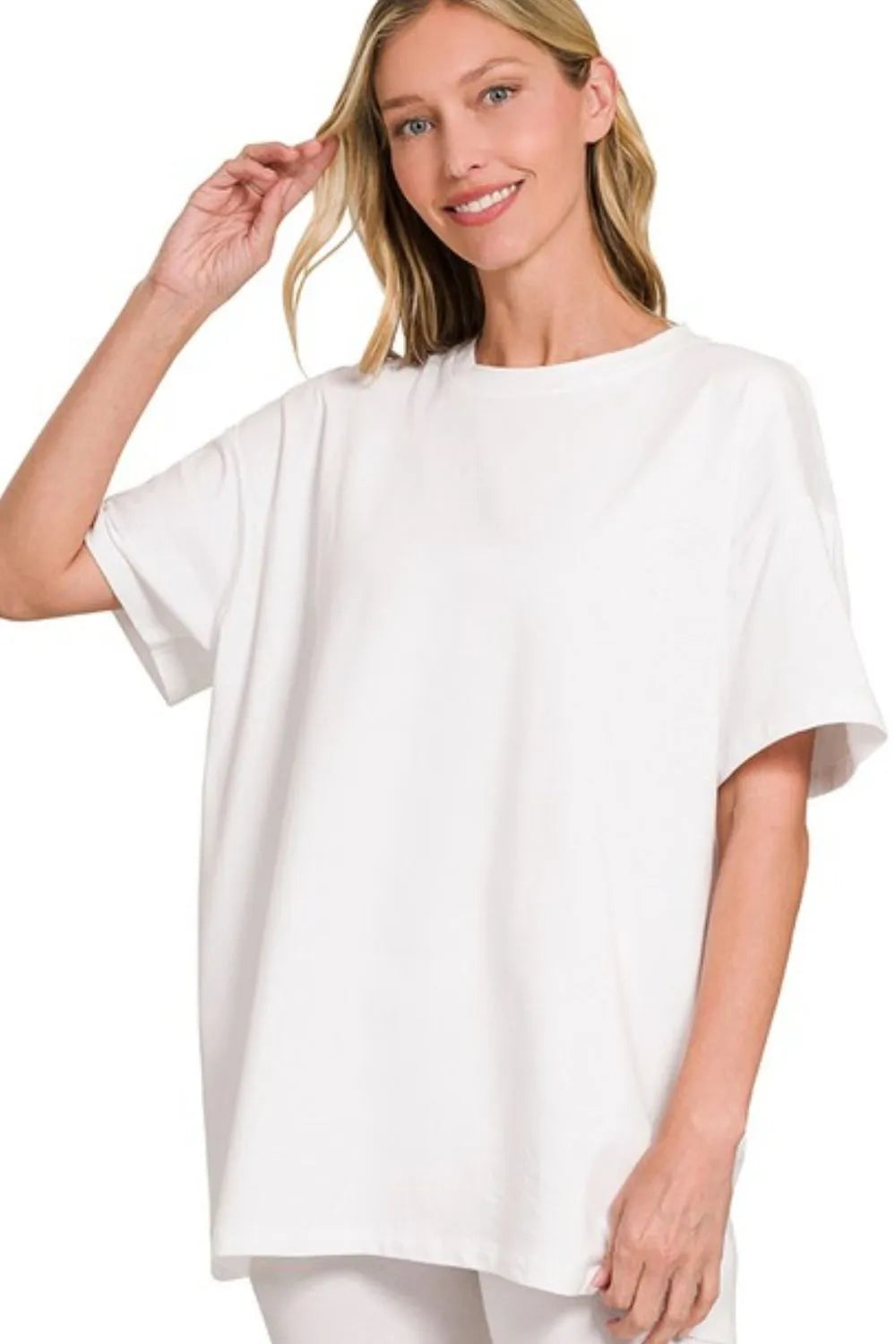 Zenana White Cotton Round Neck Top & Biker Shorts