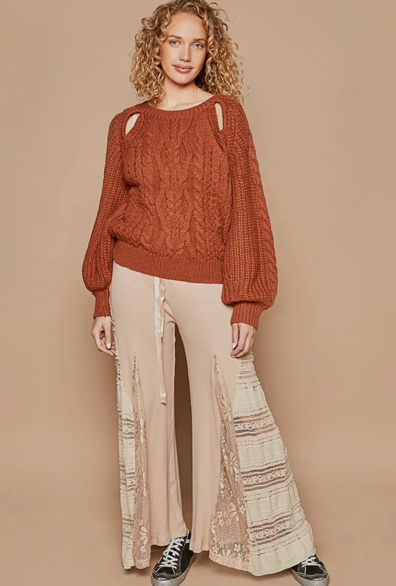 POL Fired Brick Cable Knit Key Hole Cutout Balloon Sleeve Sweater Trendsi
