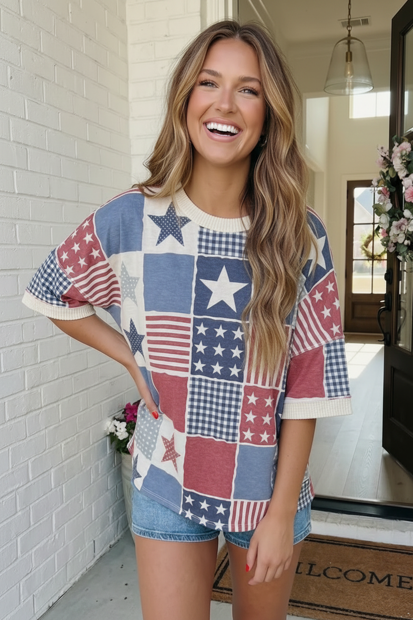 Haptics Stars and Stripes Patchwork Oversized Top