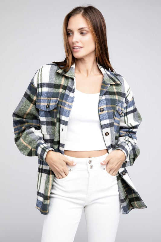 Bibi Textured Plaid Button Down Shacket BiBi