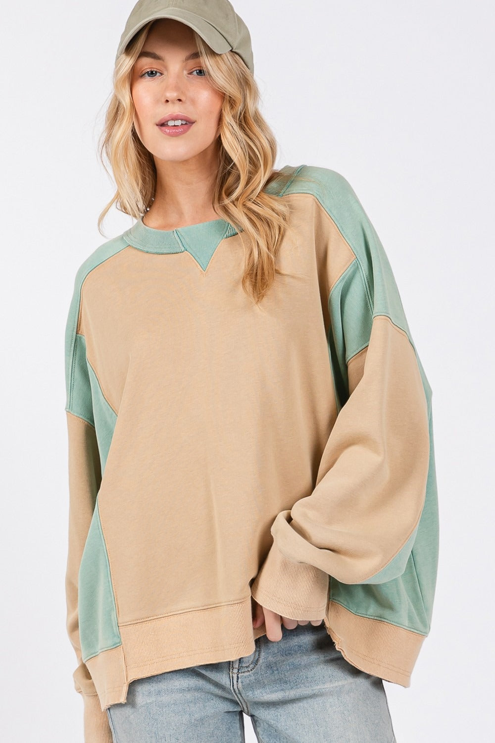 SAGE + FIG Cookie & Green Color Block Round Neck Sweatshirt Trendsi