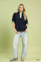 Umgee Textured Knit Top with Striped Contrast Trim