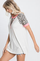 Heimish Ivory Leopard Round Neck Short Sleeve T-Shirt with Stitch