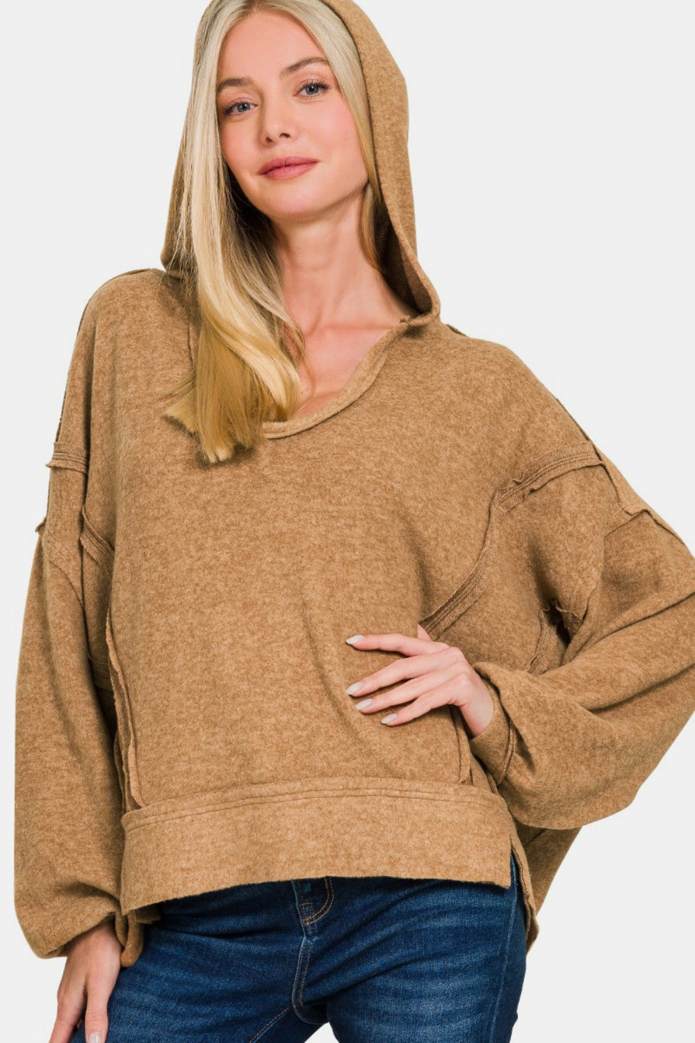 Zenana Deep Camel Brushed Hacci Exposed Seam Hoodie Trendsi