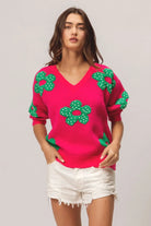 BiBi Fuchsia & Jade Pearl Beads Flowers Sweater Top