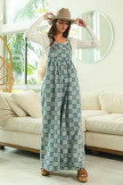 BiBi Denim Washed Vintage Checker Wide Legs Overalls
