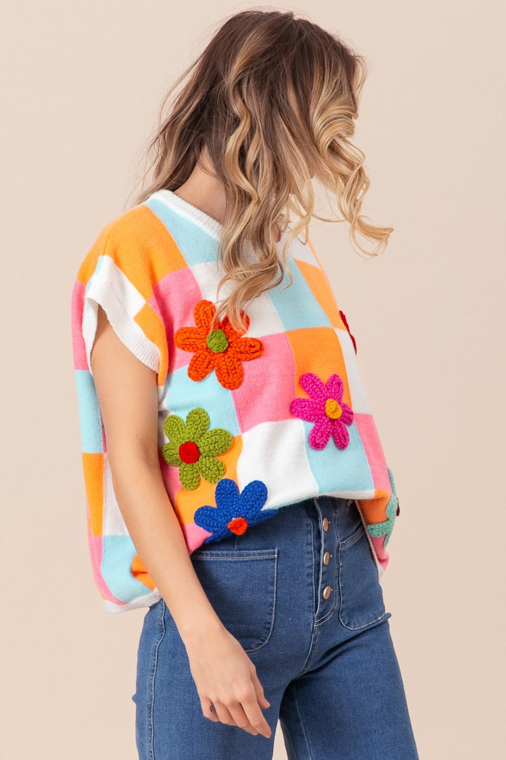 BiBi Orange Multi Flower Patch Checkered Sweater Vest Trendsi