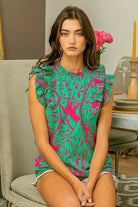 BiBi Jade & Fuchsia Leopard Leaves Print Flutter Sleeve Woven Blouse