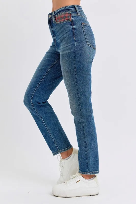 Judy Blue High Waisted Plaid Patch Slim Fit Jeans