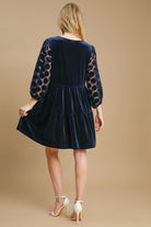 Umgee Navy Dotted Lace Sleeve Tiered Velvet Mini Dress Dresses