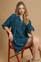 Umgee Teal Blue Corduroy Babydoll Dress with Floral Embroidery