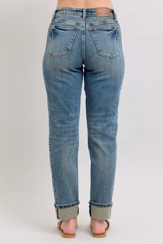 Judy Blue Mid Rise Vintage Wash Double Roll Cuff Boyfriend Jeans