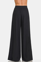Zenana Black Pleated Linen Blend Wide Leg Pants Trendsi