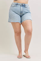 Judy Blue Evelyn Mid Rise Rigid Magic Dad Shorts Womens