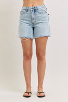 Judy Blue Evelyn Mid Rise Rigid Magic Dad Shorts Womens