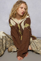 POL V-Neck Argyle Pattern Mohair Sweater with Contrast Exposed Stitch Detail