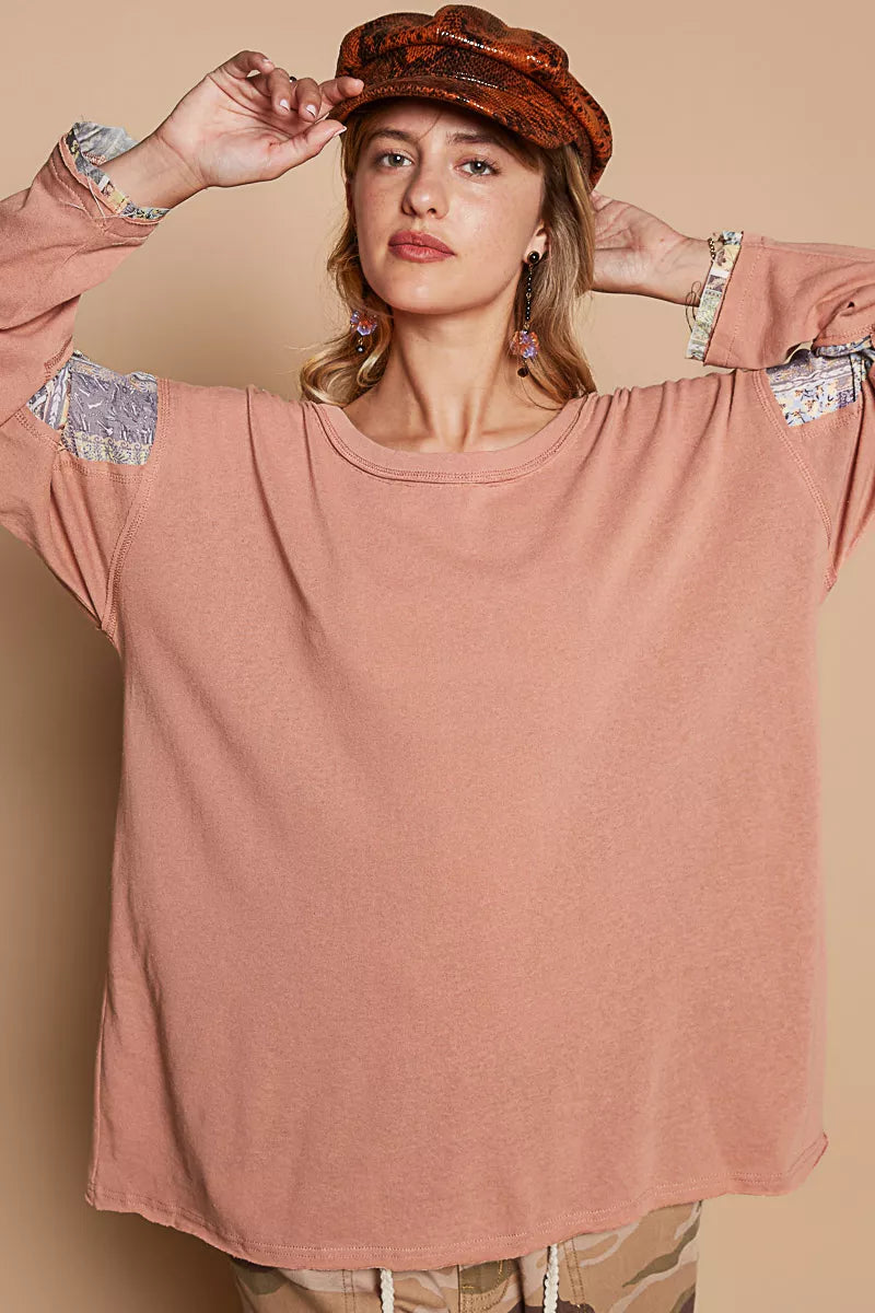 POL Coral Clay Round Neck Long Sleeve Roomy Fit Top with Stitch Detail CORAL CLAY