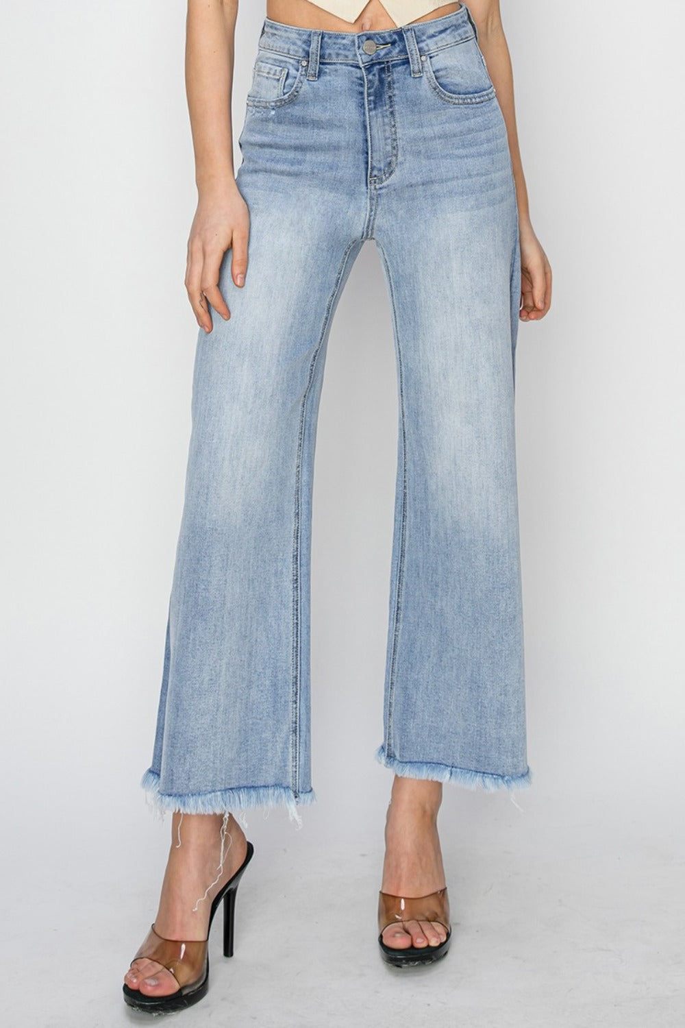 RISEN High Rise Crop Wide Fray Hem Jeans Trendsi