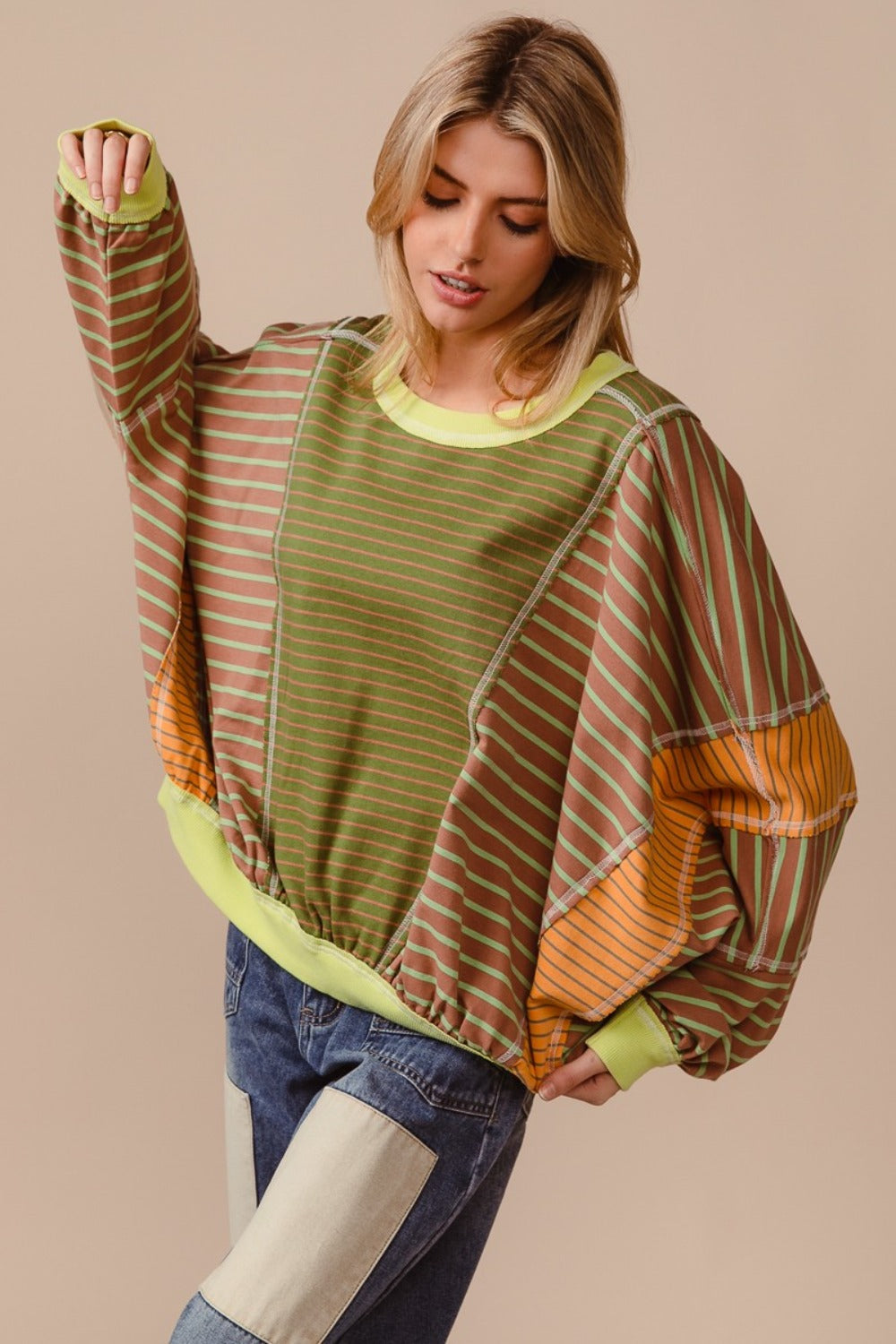 BiBi Color Block Striped Round Neck Sweatshirt Olive Latte Trendsi