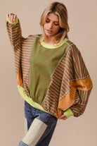 BiBi Color Block Striped Round Neck Sweatshirt Olive Latte Shirts & Tops