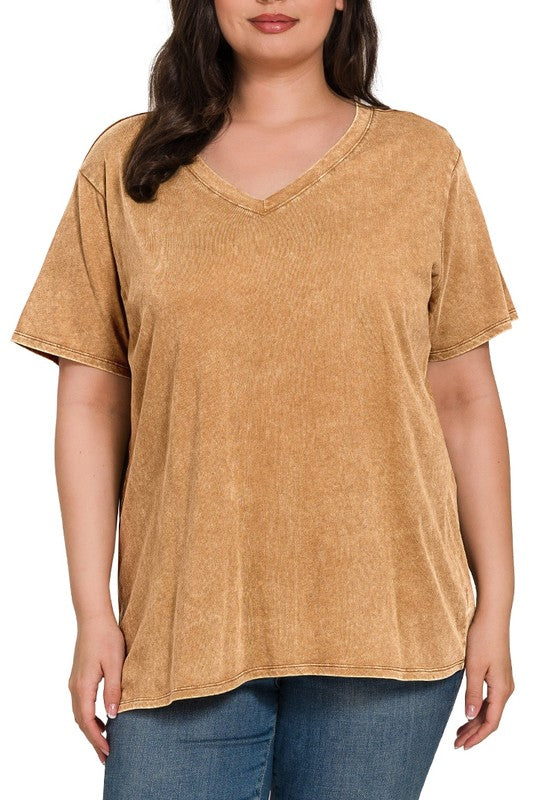 Zenana Camel Washed Short Sleeve V-Neck T-Shirt