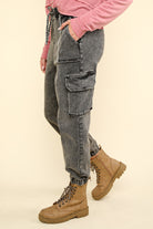 VERY J Black Washed Drawstring Jogger Cargo Jeans Trendsi