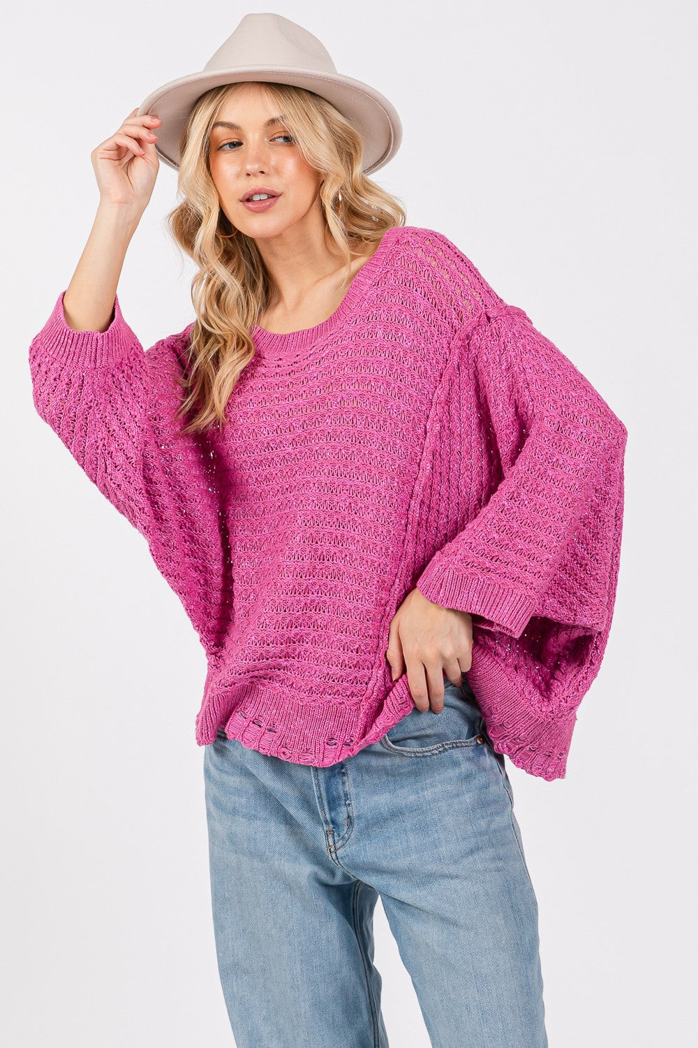 SAGE + FIG Magenta Distressed Asymmetrical Open Stitch Sweater Trendsi