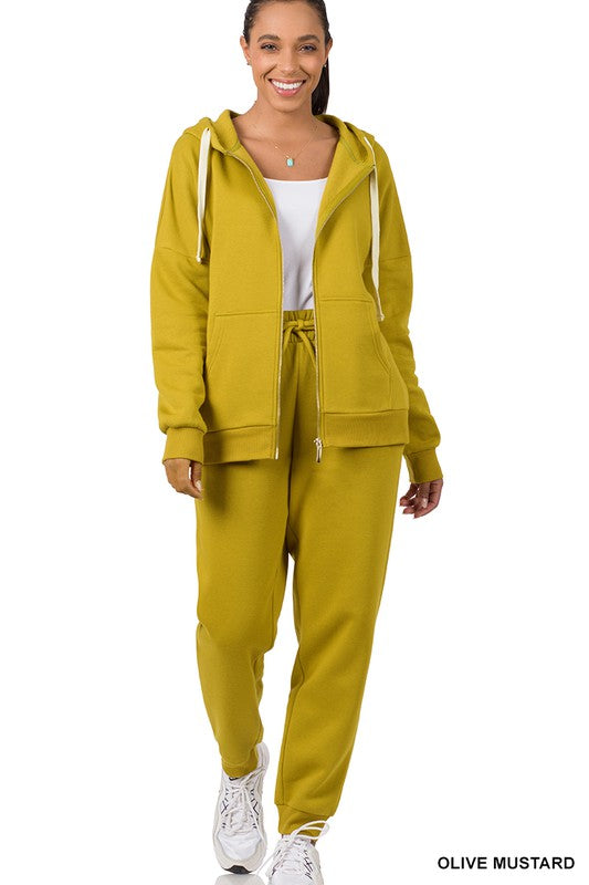 Zipper Hoodie Sweat Jacket & Sweat Pants Set OLIVE MUSTARD ZENANA