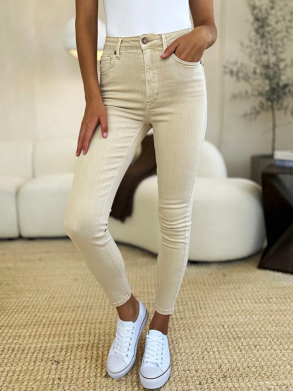 Judy Blue Bone Garment Dyed Tummy Control Skinny Jeans BONE Trendsi