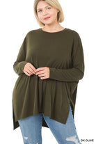 Zenana Plus Dolman Long Sleeve Round Neck Top DK OLIVE ZENANA