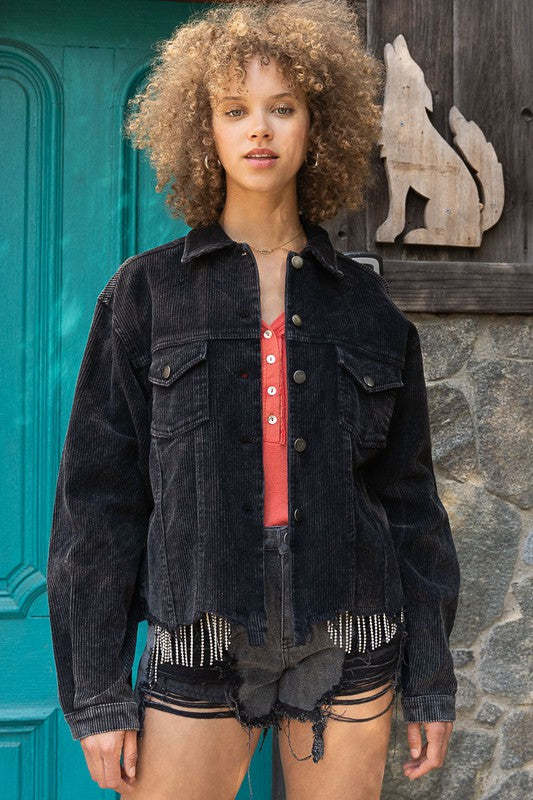POL Corduroy Jacket with Frayed Hem BLACK POL
