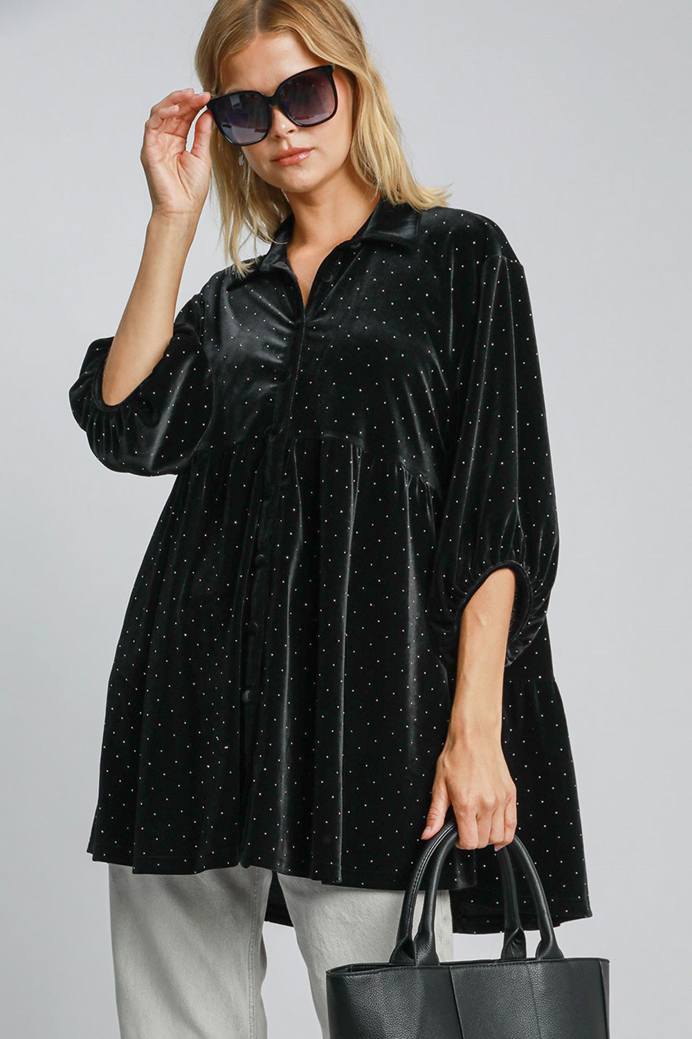 Umgee Black Velvet Beaded Button Up Half Sleeve Tunic Black