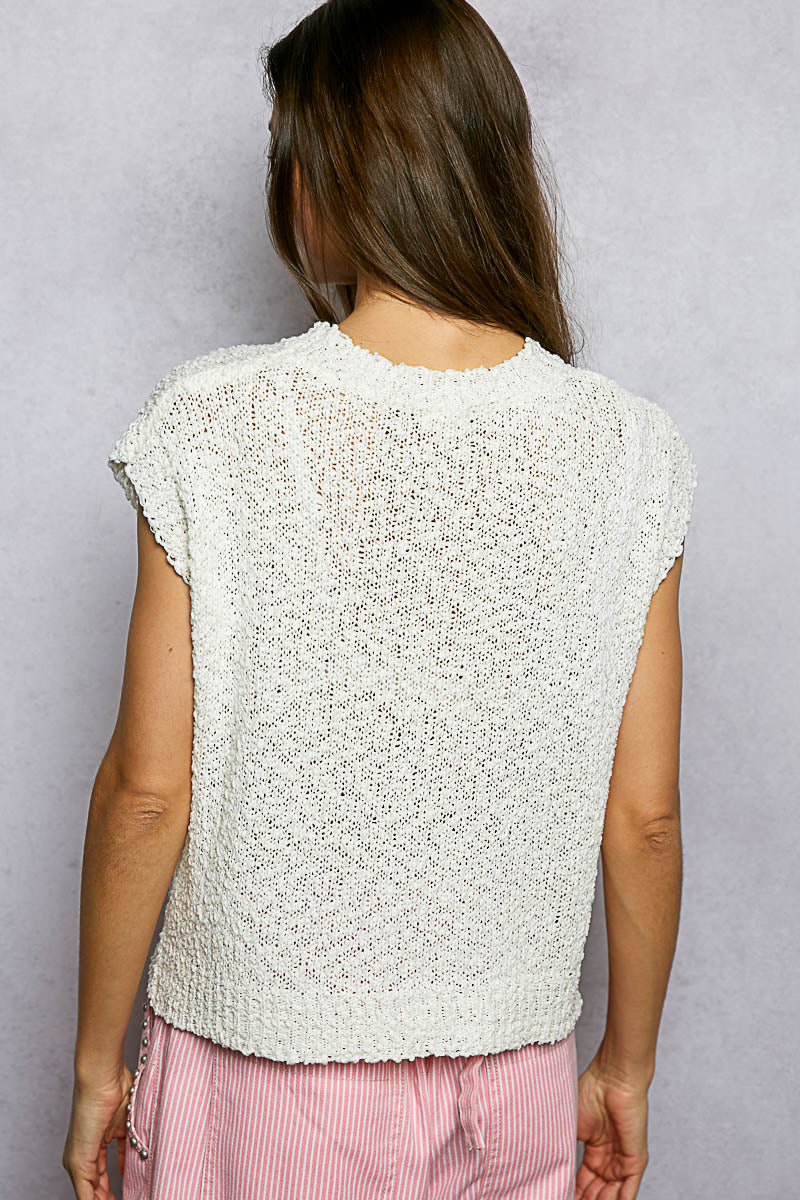 POL Ivory Star Round Neck Popcorn Knit Top