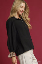 Umgee Black Half Button Blouse with Leopard Print Trim